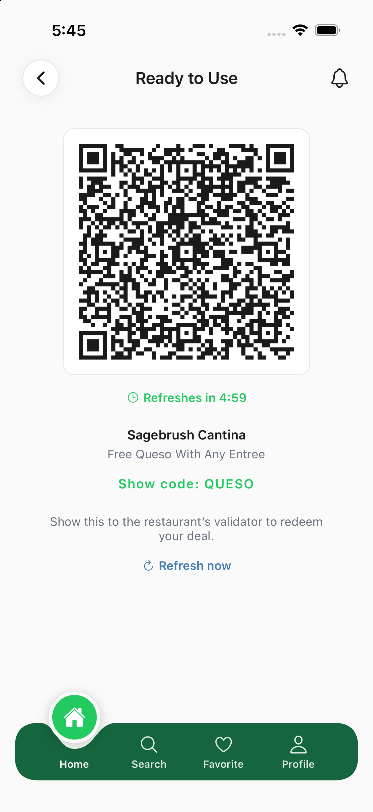 PerkAround Ready to Use app preview showing a redemption QR code, refresh timer, business name, and offer code