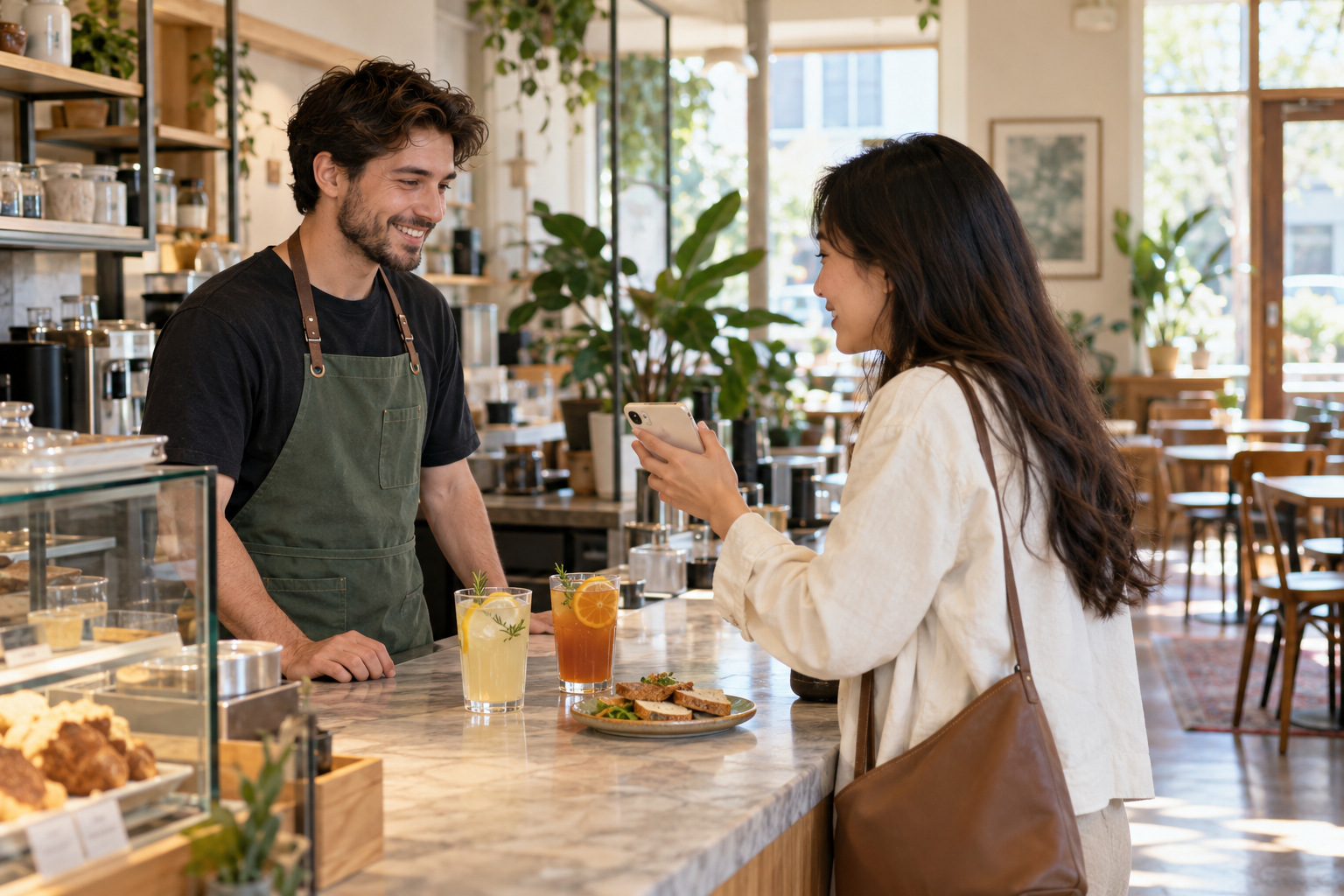 Illustrative photo of a customer showing an offer on a phone to a cafe barista