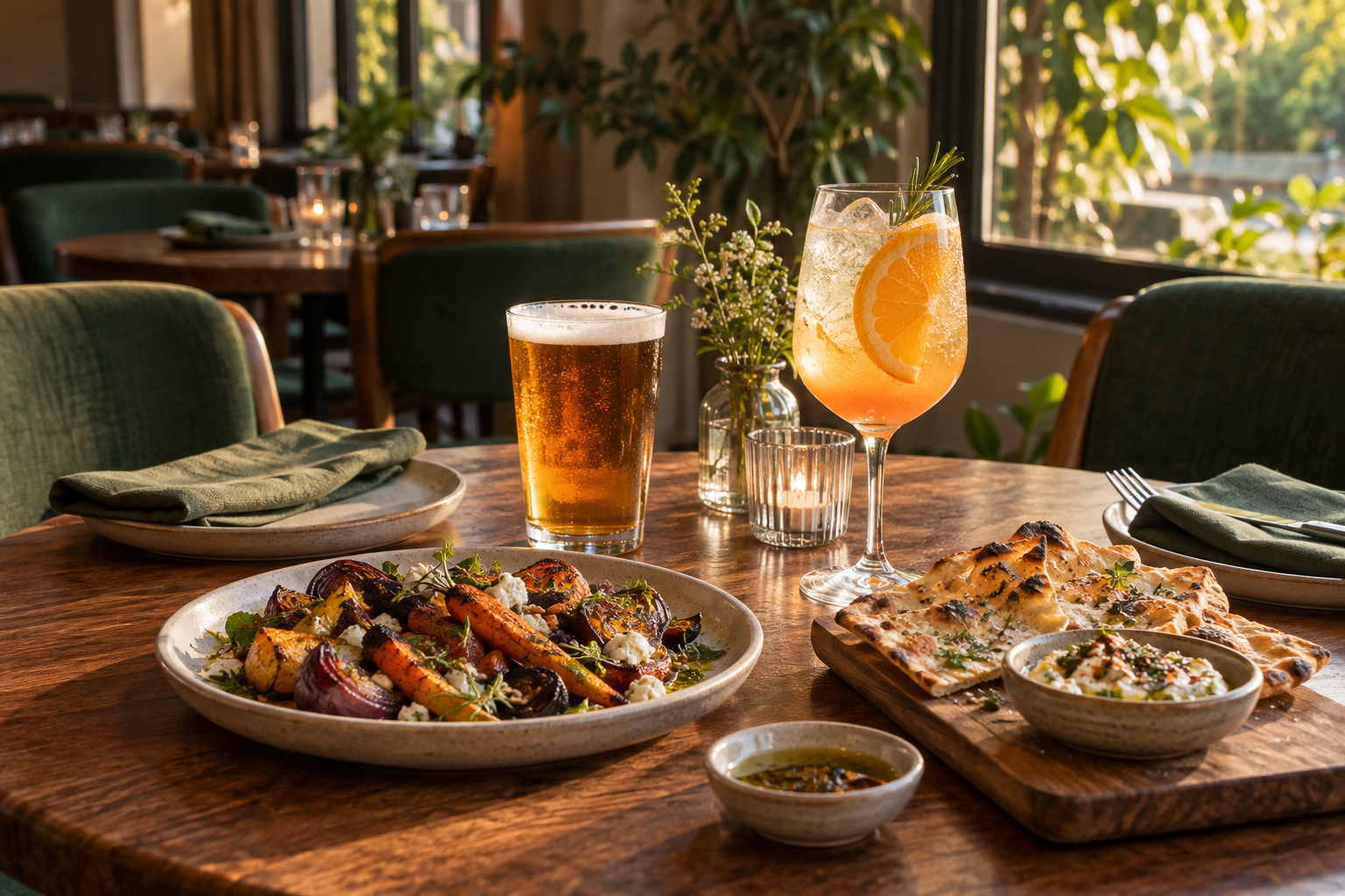 Illustrative photo of sharing plates, beer, and a citrus drink at a quiet neighborhood bar