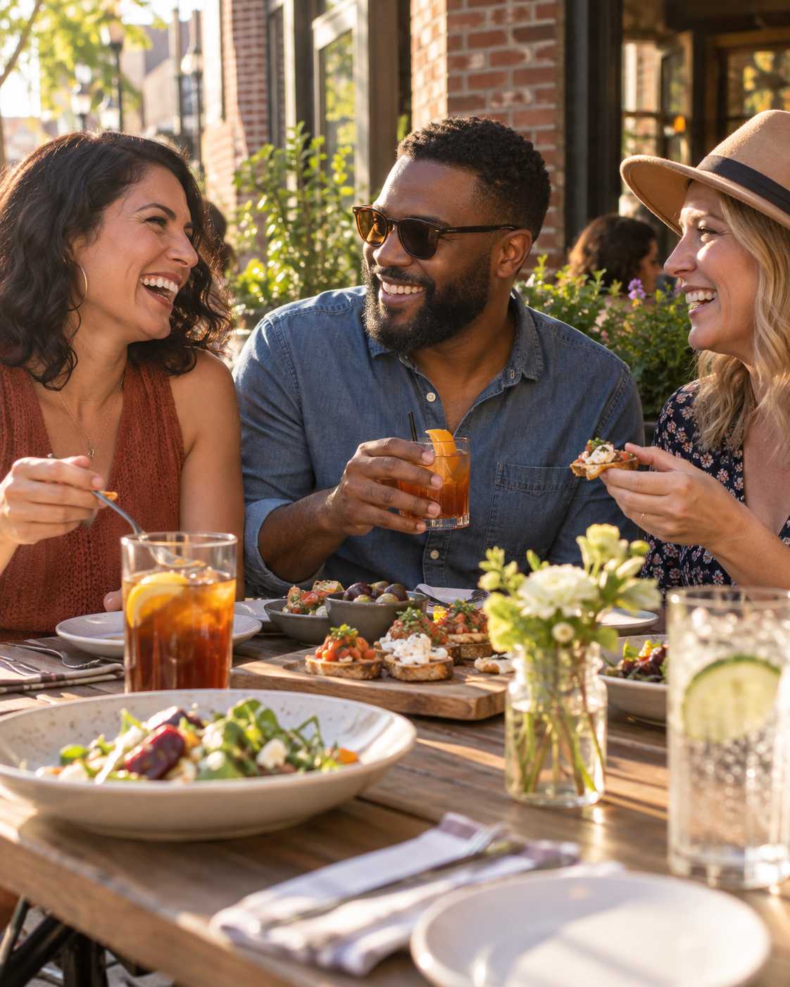Illustration of three friends enjoying food and drinks on a sunny restaurant patio