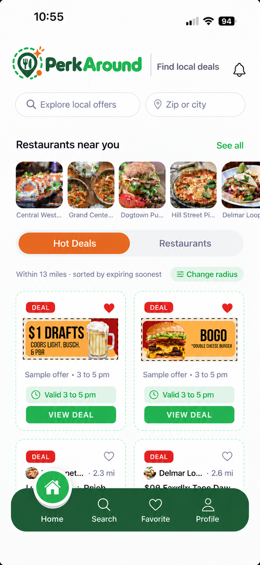 PerkAround app preview with sample limited-time food and drink deals